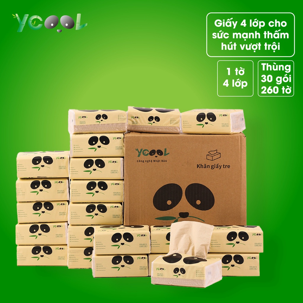 Ycool04 thùng giấy ăn gấu trúc khăn giấy tre ycool 1 tờ 4 lớp 260 tờ. thùng 30 gói