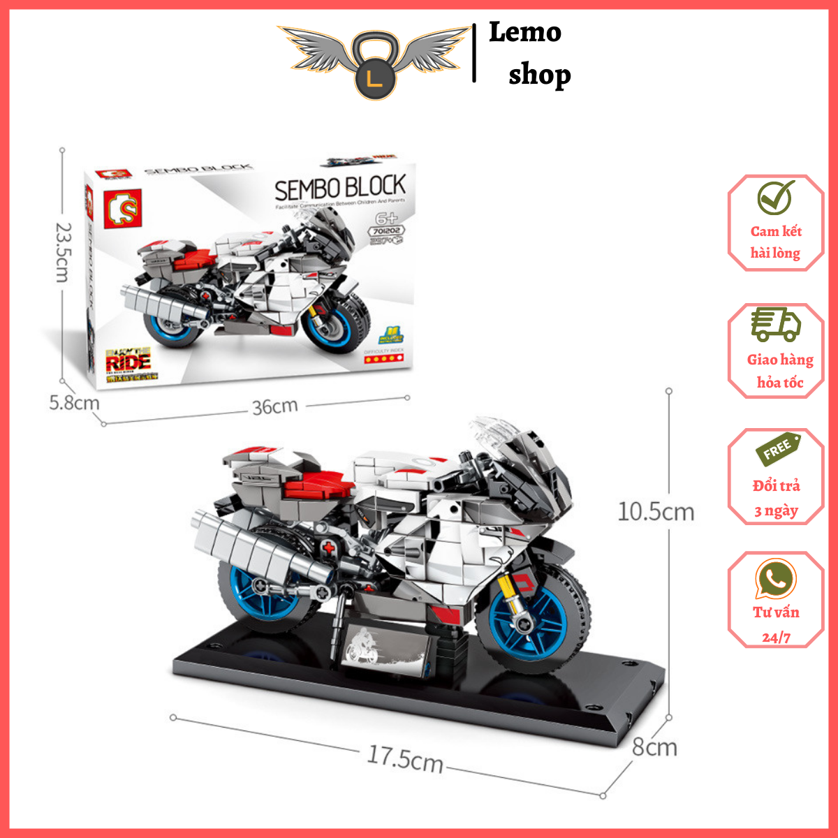 Đồ chơi xếp hình lắp ráp xé máy, xe đua, xe phân khối lớn gồm 297+ chi tiết sembo block S701202