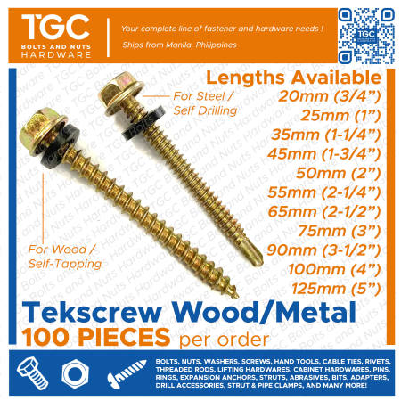 TGC 100PCS Tekscrews 12x16mm-100mm, Metal & Wood Self-Drilling