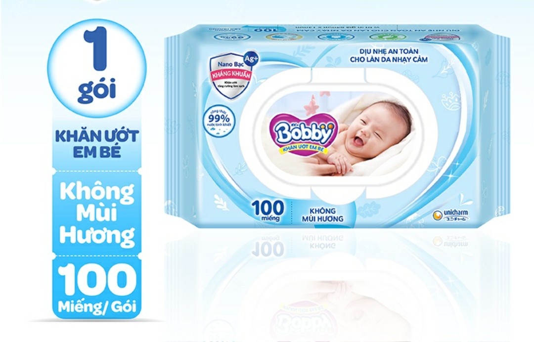 Date 2025- khăn ướt bobby 100 tờ không mùi