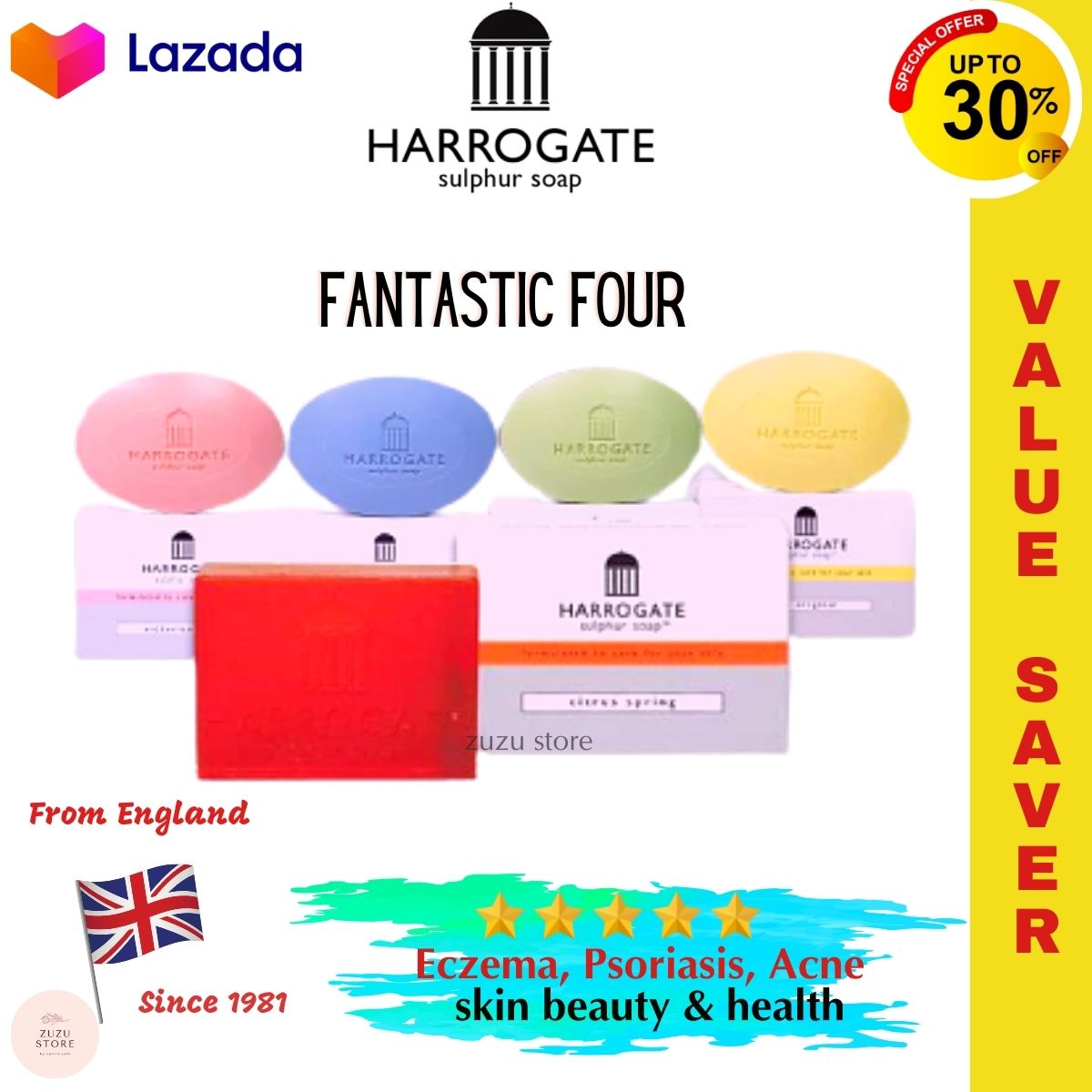Gambar HARROGATE SULFUR SOAP FANTASTIC FOUR SET FOR PSORIASIS ECZEMA ACNE AND SKIN HEALTH SUITABLE FOR ALL SKIN SABUN SULFUR HARROGATE ???  ??? ??