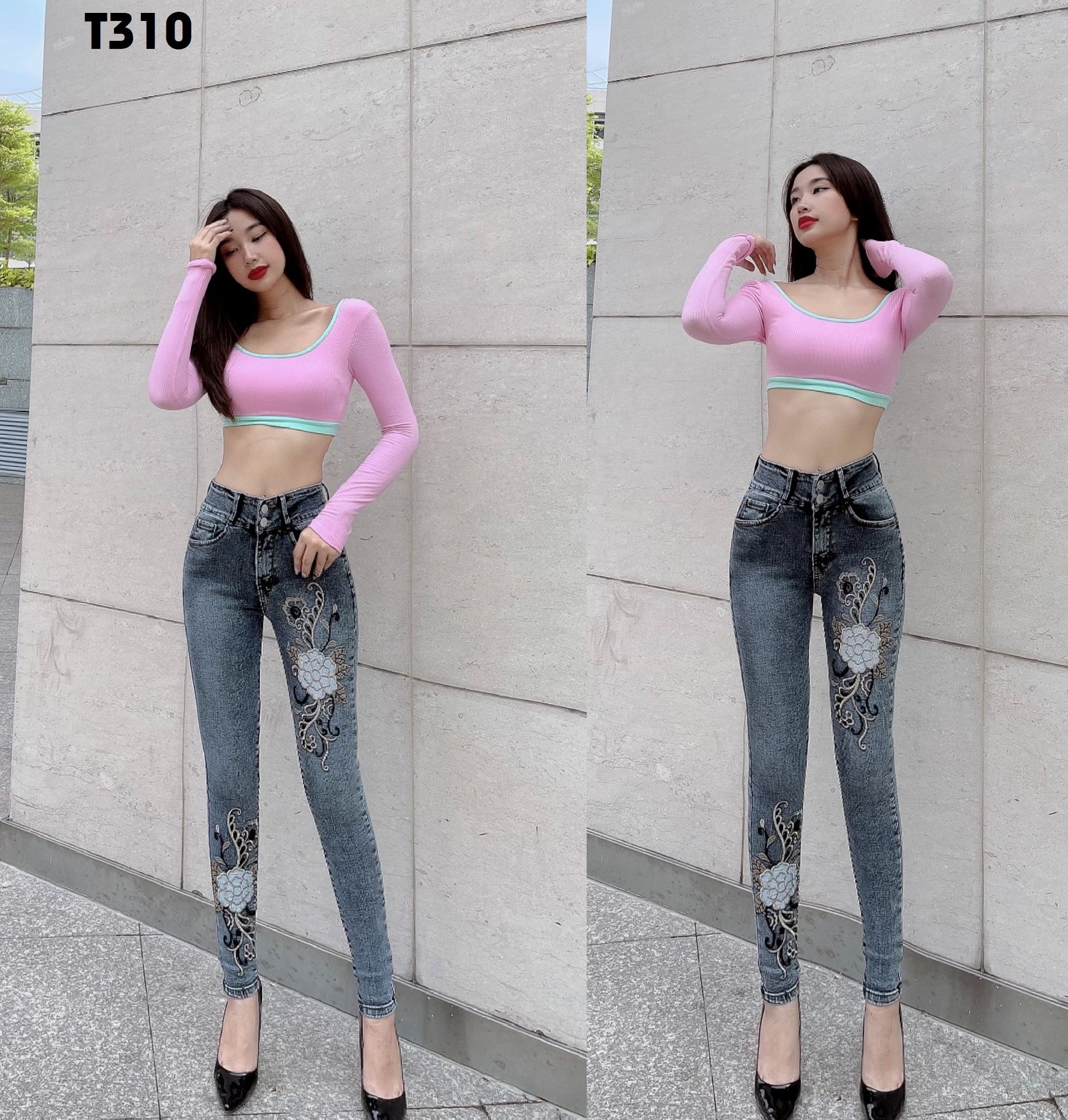 Quần jean nữ thêu hoa màu xám chất co giãn T310
