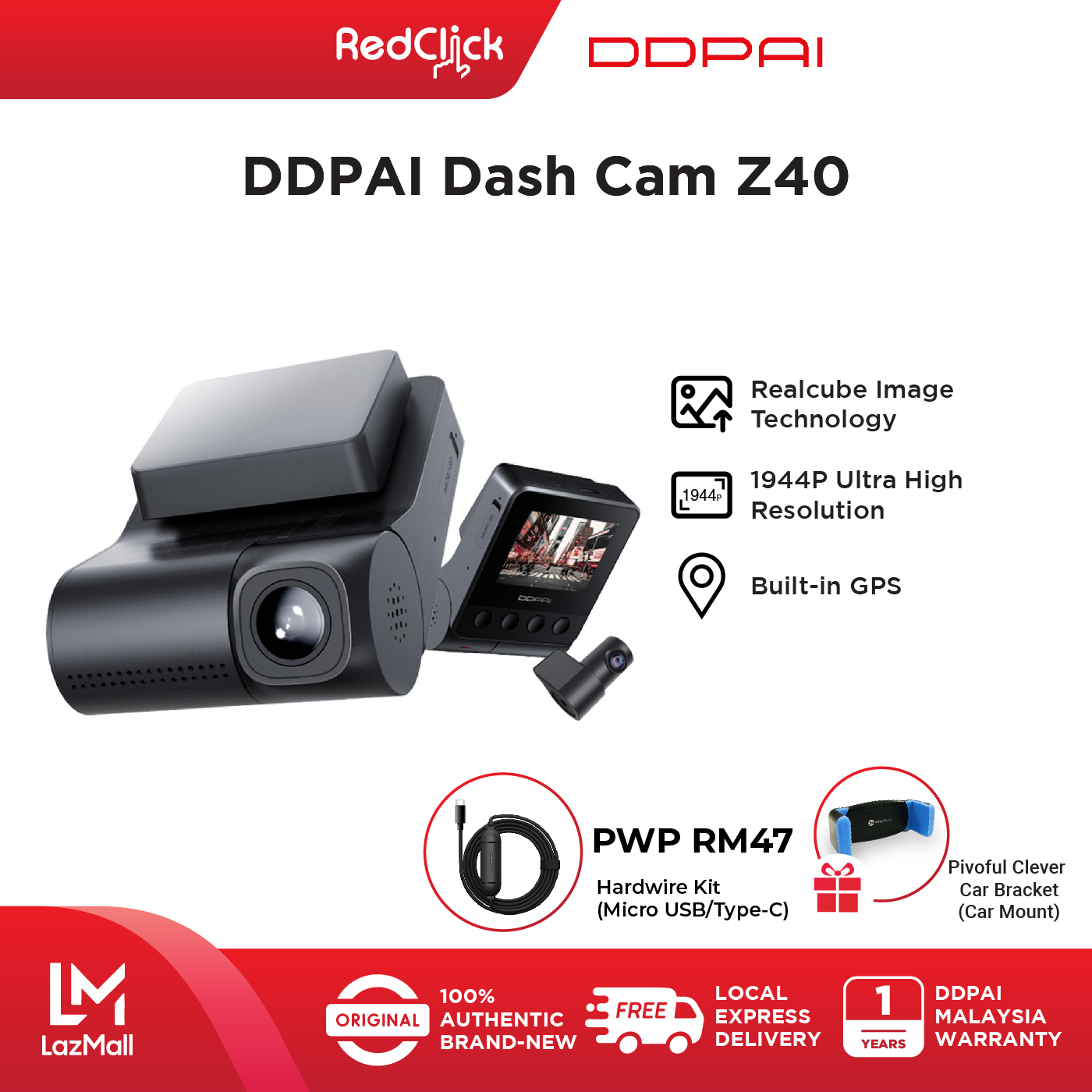 DDPAI Dash Cam Z40 Series 1944P Full HD Resolution Exquisite Design Wide Angle Monitoring Emergency Recording Works With DDPAI App + Free Gift