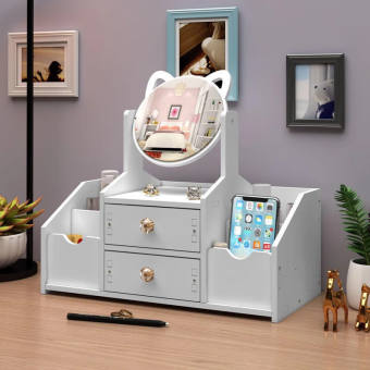 Kệ Đựng Mỹ Phẩm 3 Ngăn Có Gương Tai Mèo Cute, Kể Tủ Đựng Mỹ Phẩm Để Bàn Bằng Gỗ Thơm Cao Cấp, Hộp Đựng Đồ Trang Điểm Sang Trọng, Kệ Mỹ Phẩm Có Gương, Bàn Tràn Điểm Phòng Ngủ