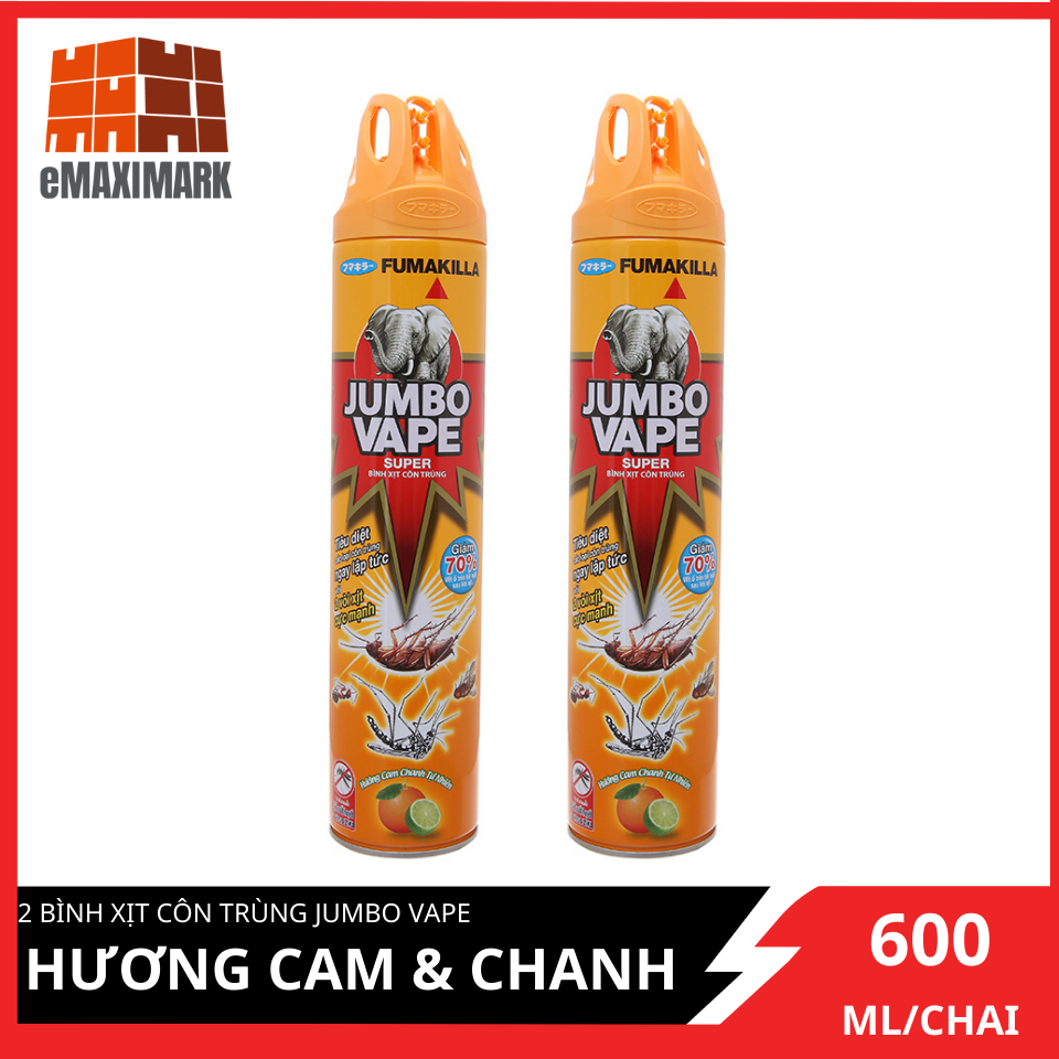 [HCM ship 2h] Combo 2 Xịt Côn Trùng Jumbo Vape Hương Cam & Chanh Chai 600ML