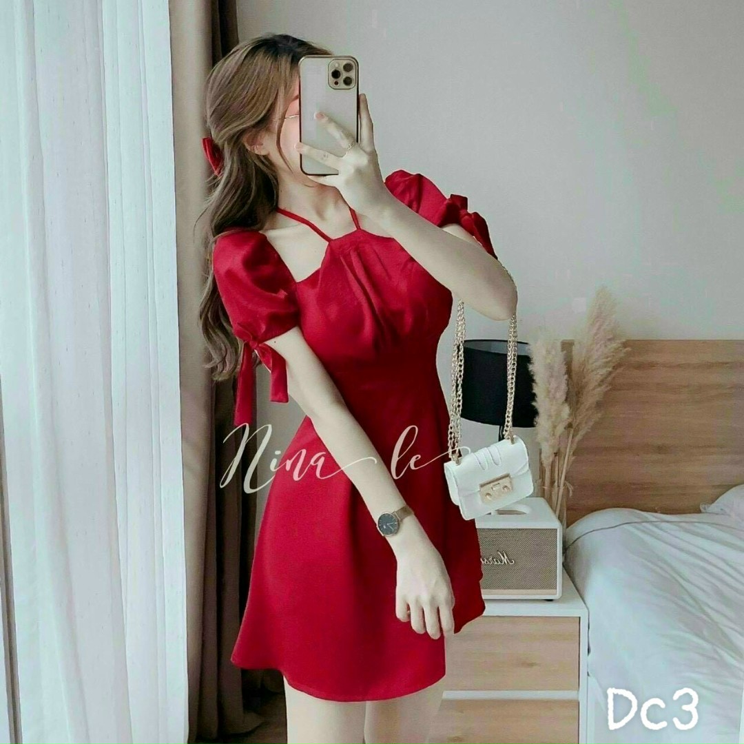 Đầm xòe xuông nữ siêu xinh, phối hai dây, tay nơ cực xinh cho các nàng