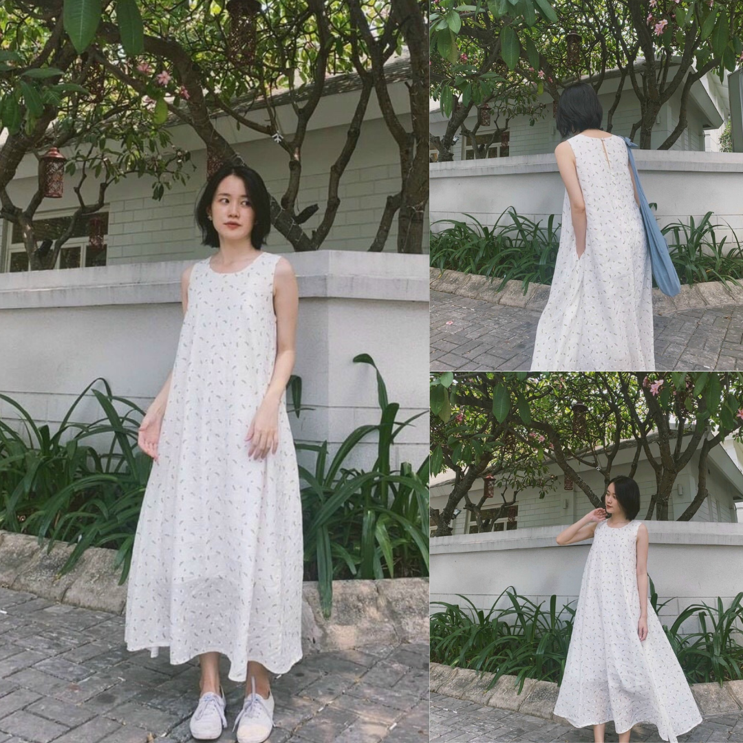 Đầm suông form rộng trắng, Đầm yếm dáng maxi dài đi biển Cao Cấp in hoa nhí, sát nách cổ tròn - MiNhi Dress