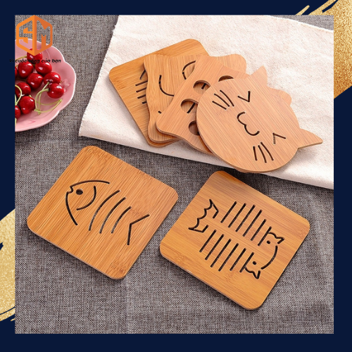 Đế lót cốc chén bằng gỗ đế cao su cao cấp dày 0.7cm kích thước 9,5x9,5cm