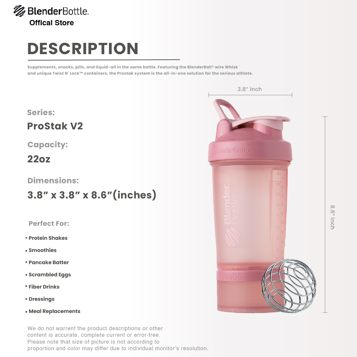 ProStak Shaker Bottle with Wire Whisk BlenderBall and Interlocking Storage  Containers - Rose Pink (22 fl oz.)