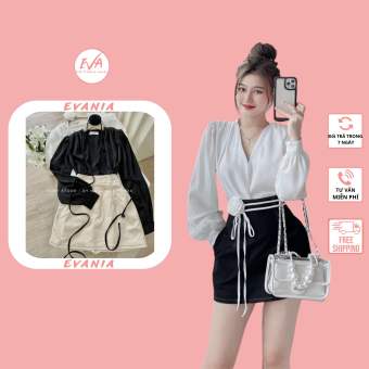 Set Áo Chân Váy EVANIA Set Áo Sơ Mi Chân Váy Chữ A Kèm Hoa Mix Áo Sơ Mi Lụa Tay Bồng Cổ V Màu Trắng Đen - Mã T330