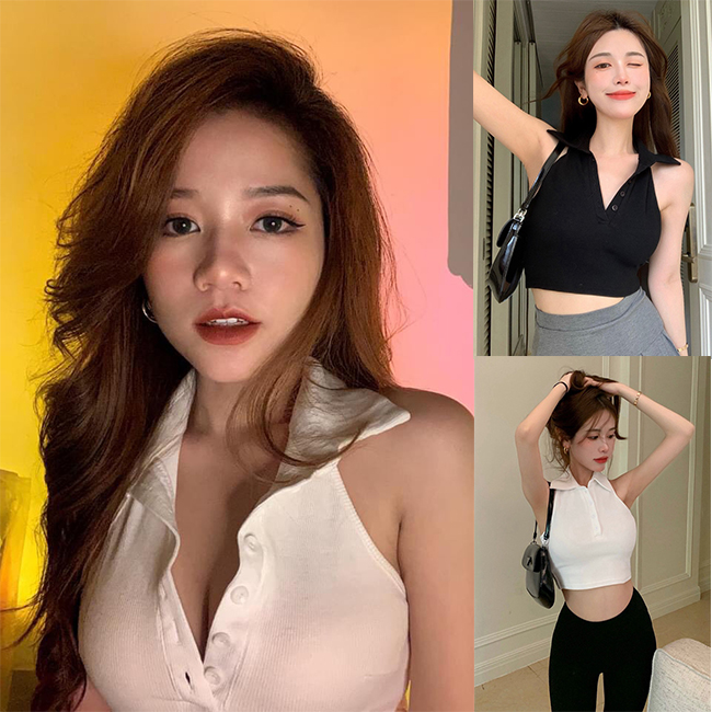 Áo Croptop Cổ Bẻ Hở Lưng Gợi Cảm Chất Cotton "POLO"