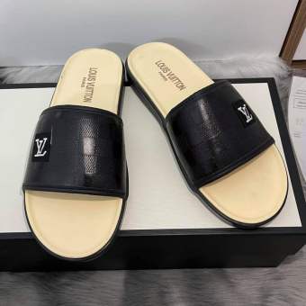 Dép lê da LV đế kem LV nam