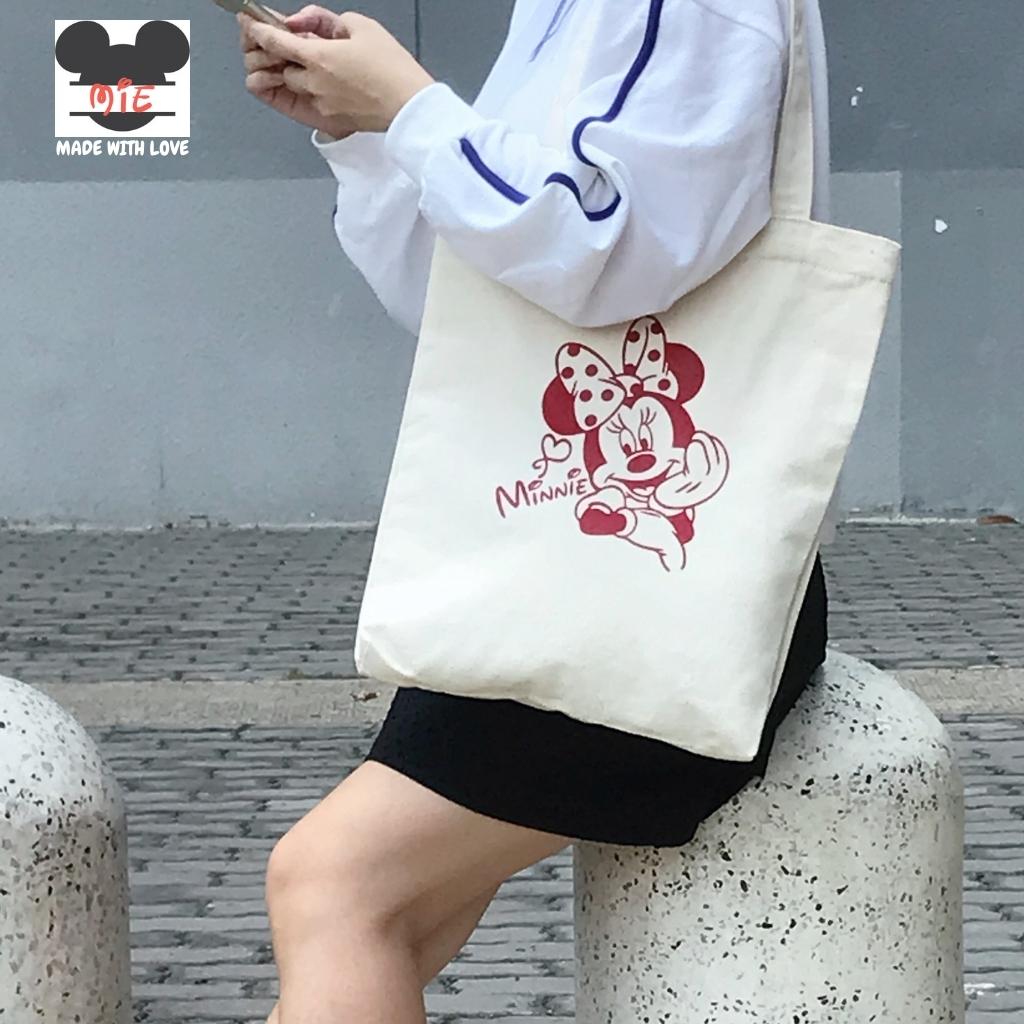 Túi xách nữ vải canvas MIE in hình Mickey Minnie dễ thương có khóa kéo