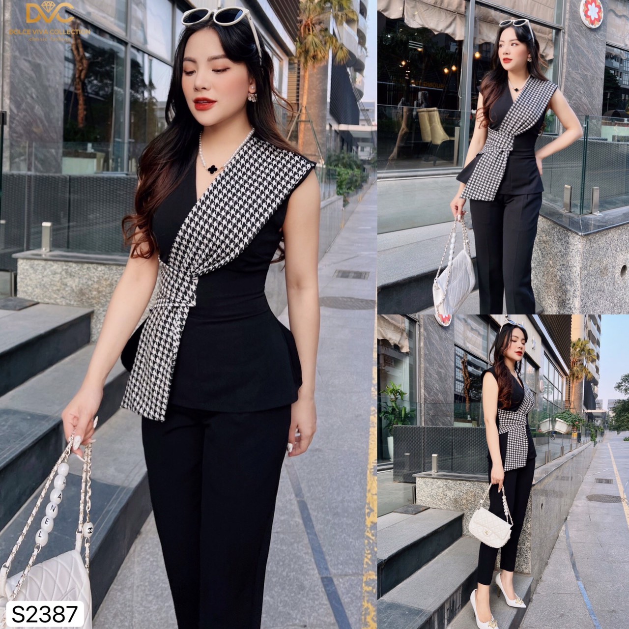 Set áo đen sát nách phối kẻ s2387 - dolce viva collection