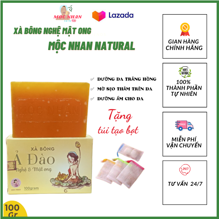 [Tặng Túi Tạo Bọt  ] Xà Bông Nghệ Mật Ong Ả ĐÀO dưỡng trắng da, sạch thâm nám,xà bông thảo dược,nghệ tươi ,xà bông Handmade, tinh chất nghệ Xà bông tự nhiên, Xà bông dành cho da dị ứng, Moc Nhan Skin