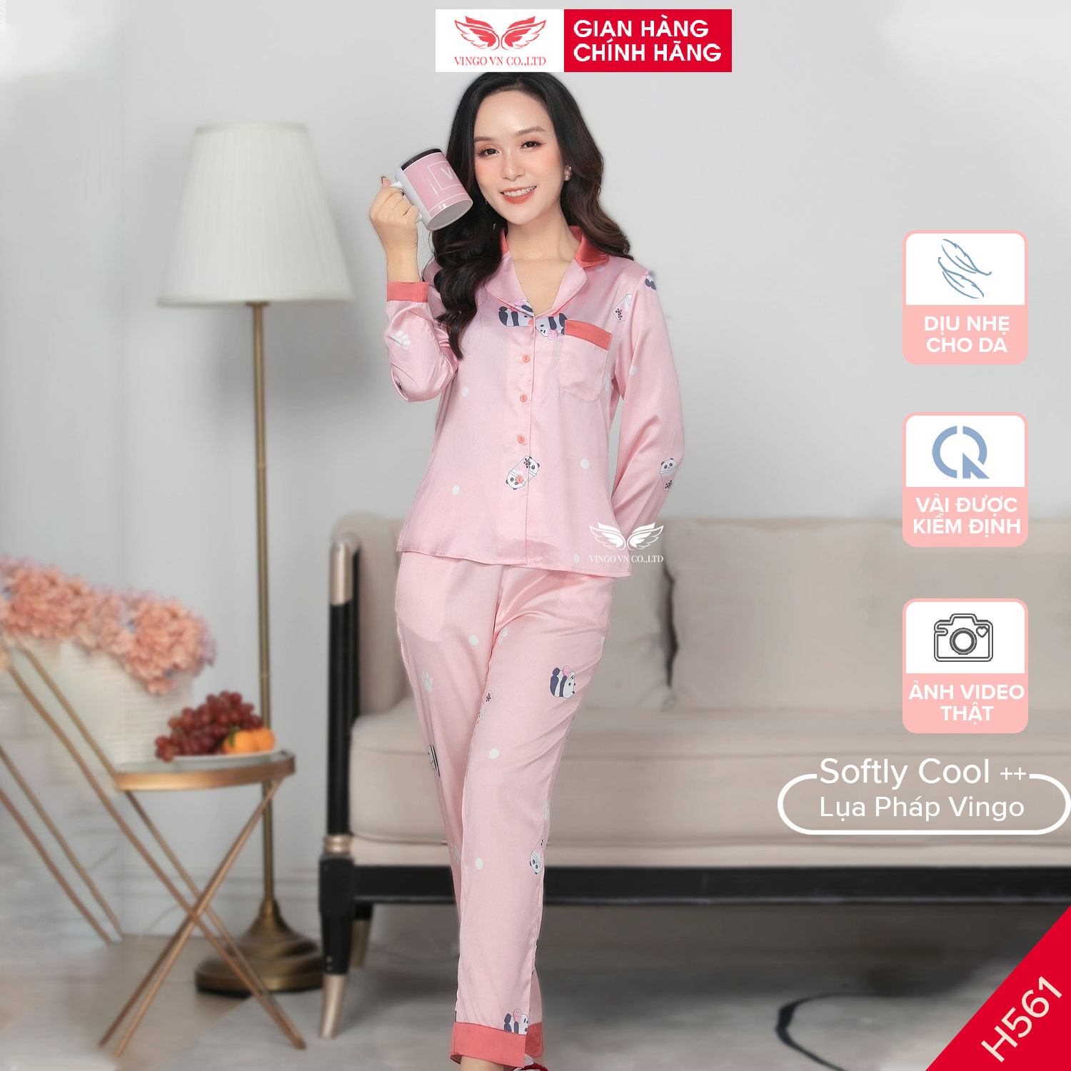 Đồ bộ nữ mặc nhà pijama Vingo Lụa Pháp tay dài quần dài màu hồng có chiết eo nhẹ H561 VNGO TDQD