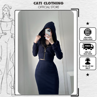 CATI Set Bộ Thun Áo Có Mũ + Chân Váy Chất Len Nhung Cao Cấp (2157)