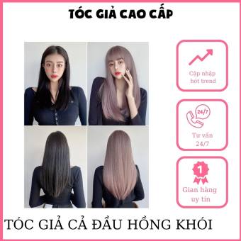 Tóc giả nữ nguyên đầu màu hồng khói, thẳng lỡ xám hồng, tặng kèm lưới trùm tóc, wig