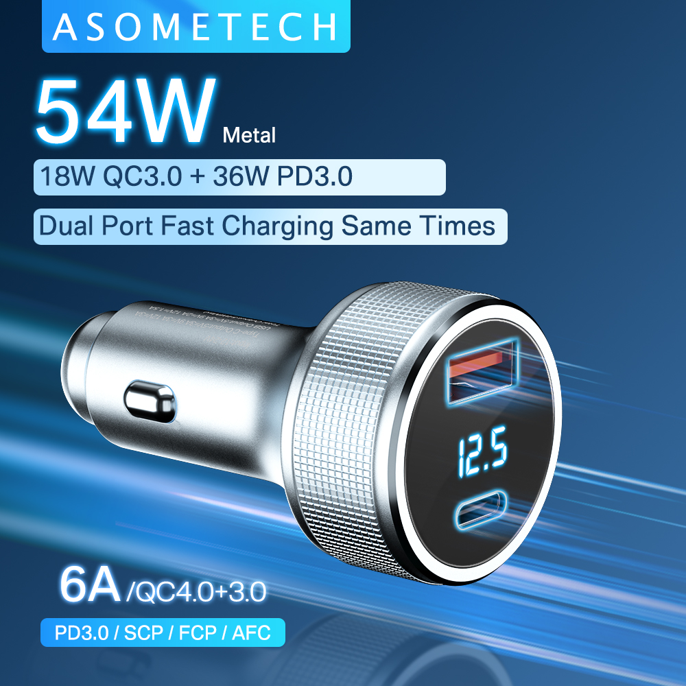 ASOMETECH 54W Dual USB Car Charger Quick Charge QC3.0 Type C PD Fast car charger For iPhone 14 13 12 11 XS Max Samsung Huawei xiaomi 36W USB Car-charger Adapter ราคา 149 บาท*ส่งฟรี