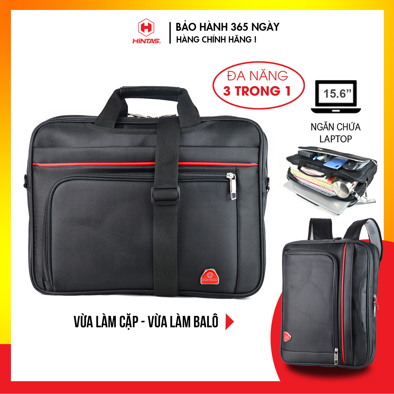 Cặp Đa Năng 2 kiểu dùng HINTAS Loại Lớn Đi Học Đi Làm - Ngăn đựng Laptop 15.6''- 3 In 1 -  CĐN 209