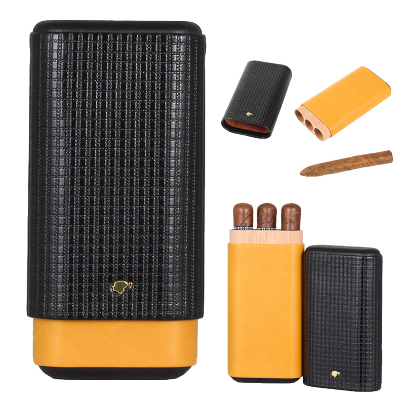 Hộp đựng ciga bằng da màu đen hộp đựng ống gỗ tuyết tùng hộp đựng ciga humidor du lịch cầm tay đựng 3 cigas cho bạn trai quà tặng dây đeo
