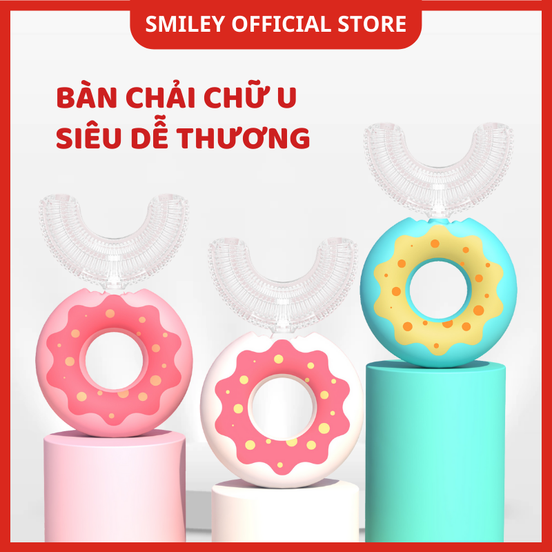 Bàn chải đánh răng trẻ em Donut Rainbow từ 2 đến 9 tuổi, bàn chải chữ U cho bé dễ cầm nắm, đầu chải silicone siêu mềm, an toàn cho bé