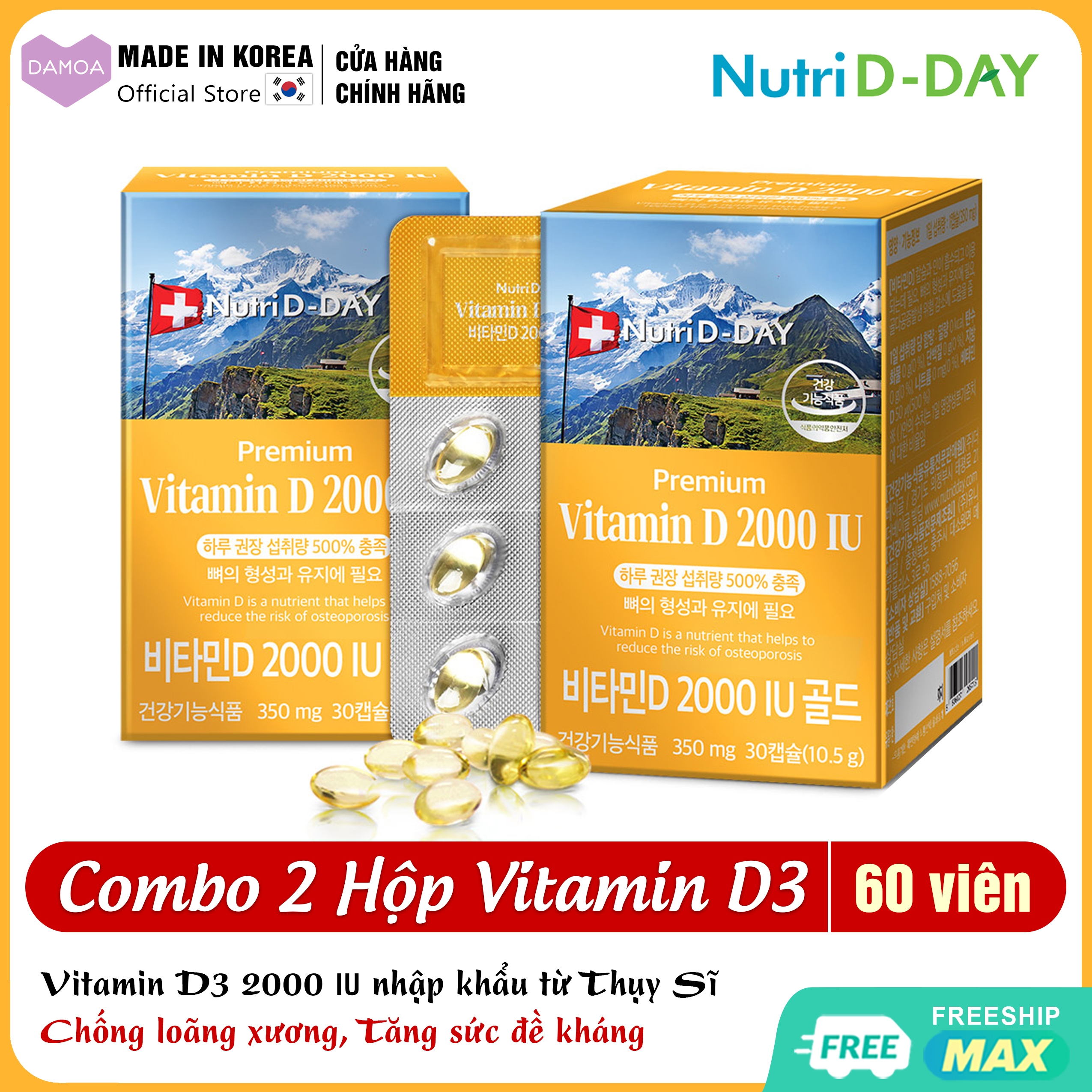 Viên uống Vitamin D3 2000 IU Chống loãng xương, Tăng sức đề kháng, Tốt cho tim mạch Nutri D-Day Thực phẩm chức năng Hàn Quốc