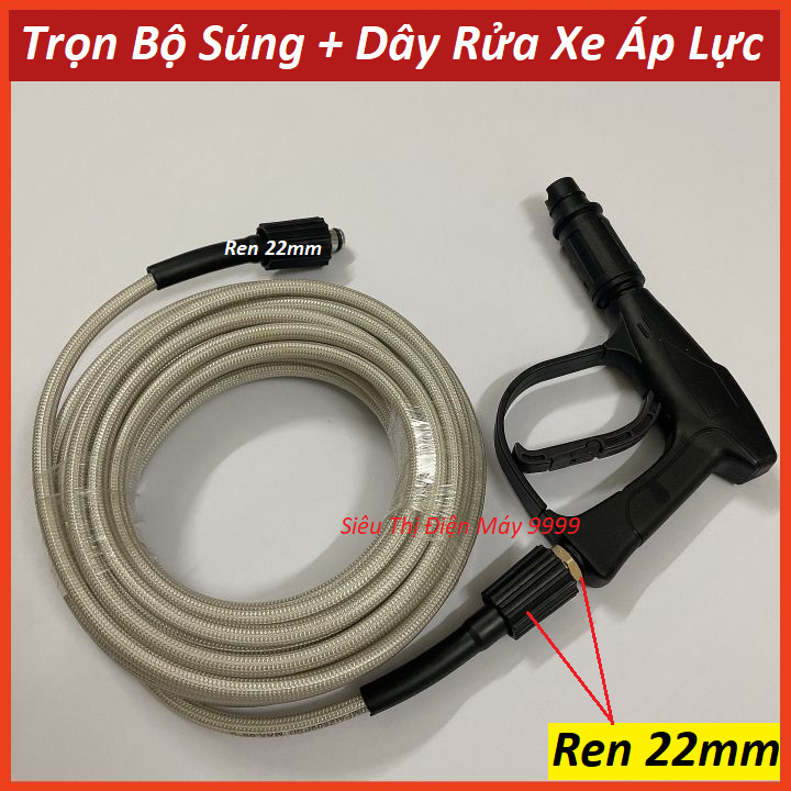 Bộ 10m 15m 20m,30m dây rửa xe và súng xịt rửa xe - súng rửa xe áp lực cao vòi xịt rửa xe dây xịt rửa áp lực cao loại xịn ren 22mm
