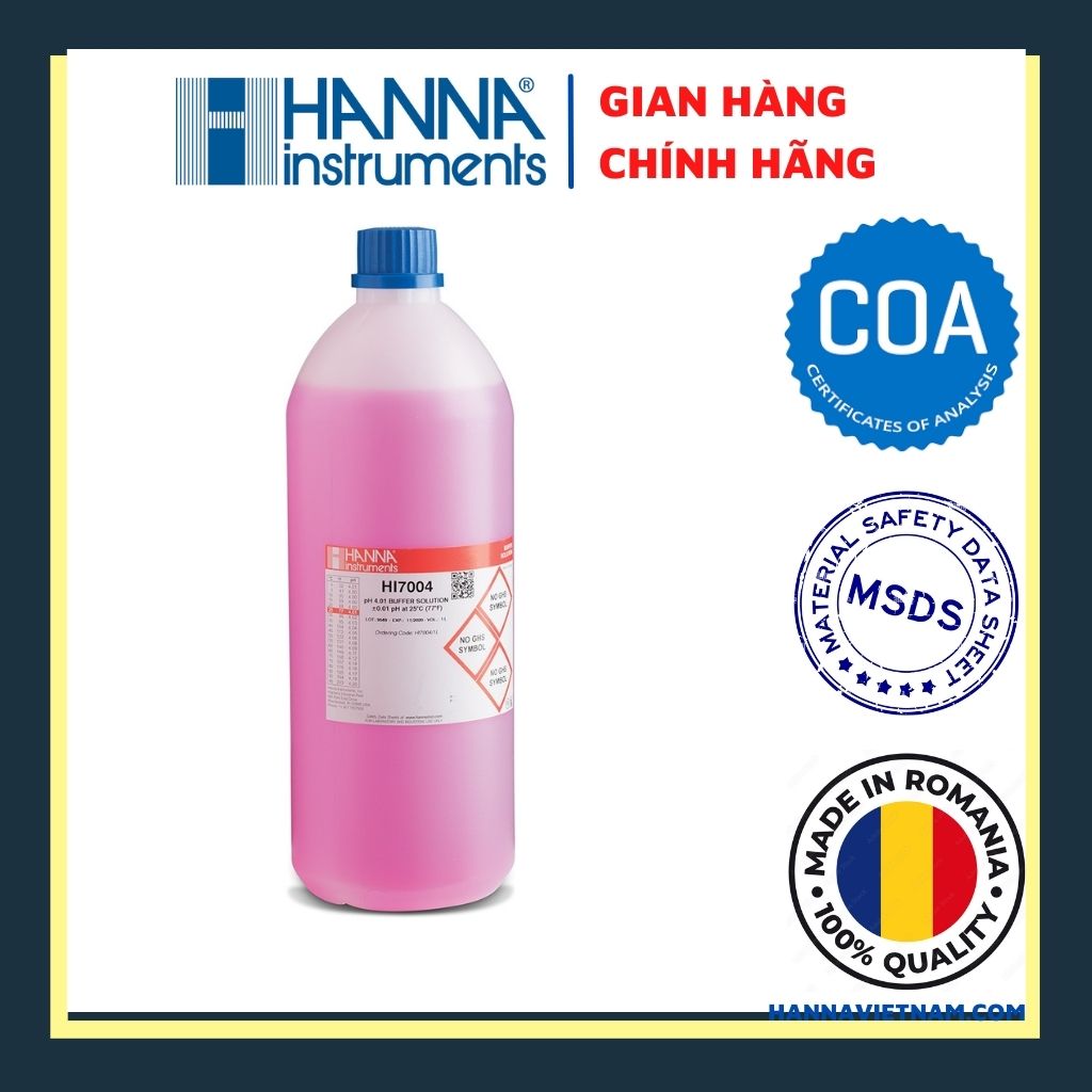 Dung Dịch Chuẩn pH Điểm 4.01 Dùng Để Hiệu Chuẩn Hoặc Kiểm Tra Độ Chính Xác Của Bất Kỳ Máy Đo Hãng Nào, Chai 1 Lít HANNA HI7004/1L- HÀNG CHÍNH HÃNG