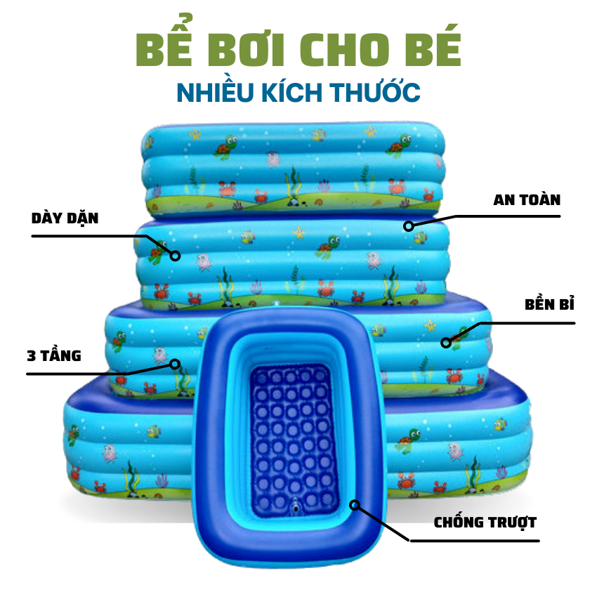 Bể Bơi Phao, Be Bơi Phao Gia Đình - Bể Bơi KAW Hình Chữ Nhật 3 Tầng, Dày Dặn, Chống Trượt, Nhiều Kích Thước 1m2, 1m3, 1m5, 1m8, 2m1, 2m6, 3m - Bảo Hành 1 Đổi 1 Trong 7 Ngày, Tặng Kèm Miếng Vá