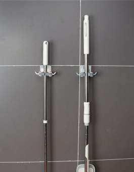 Giá Đỡ Cây Lau Nhà Jussy Dán Tường, Kẹp Treo Chổi Kèm 2 Móc Treo Đồ Đa Năng Tiện Lợi Nhựa ABS Bền Đẹp Keo Siêu Dính