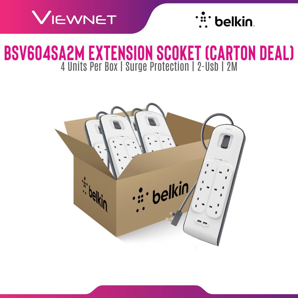 [Carton Deal] Belkin BSV604sa2M 6 Way Surge + 2.4A Usb Protection - 2 Meter (4 Units Per Box)
