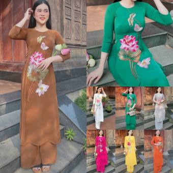 Áo Dài Truyền Thống # Bộ Áo Dài Lụa Tằm Ướt Thêu Sen # Quần Áo Nữ Cao Cấp