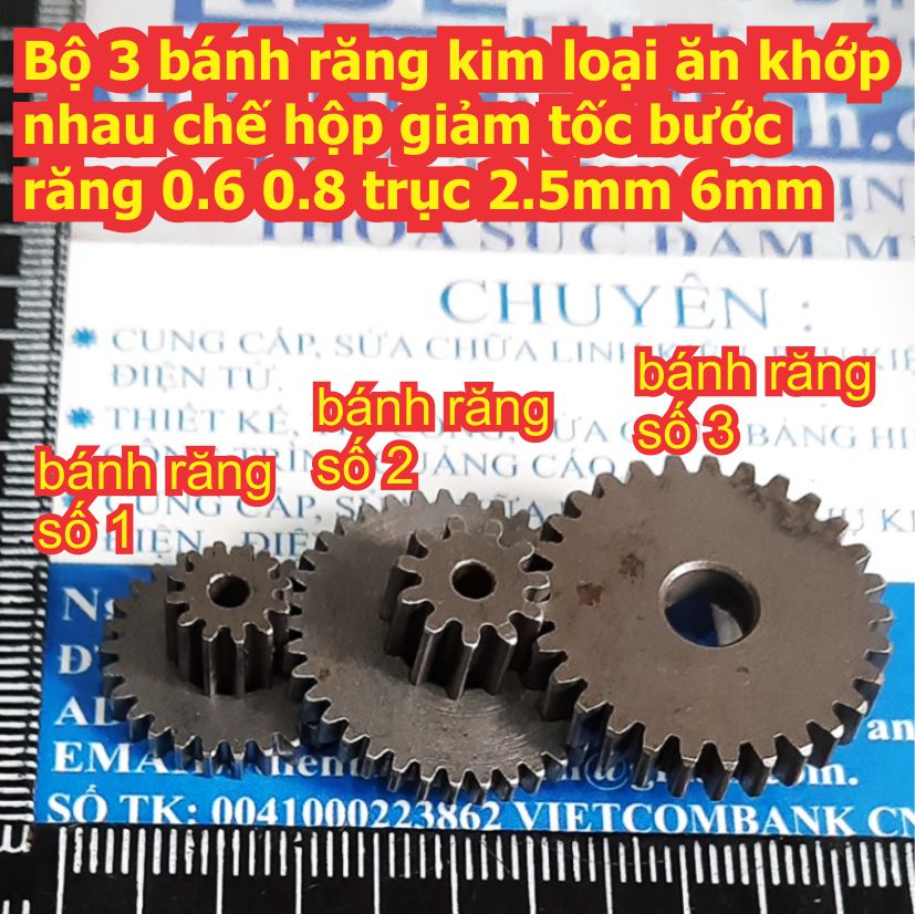 Bộ 3 bánh răng kim loại ăn khớp nhau chế hộp giảm tốc bước răng 0.6 0.8 trục 2.5mm 6mm kde7982