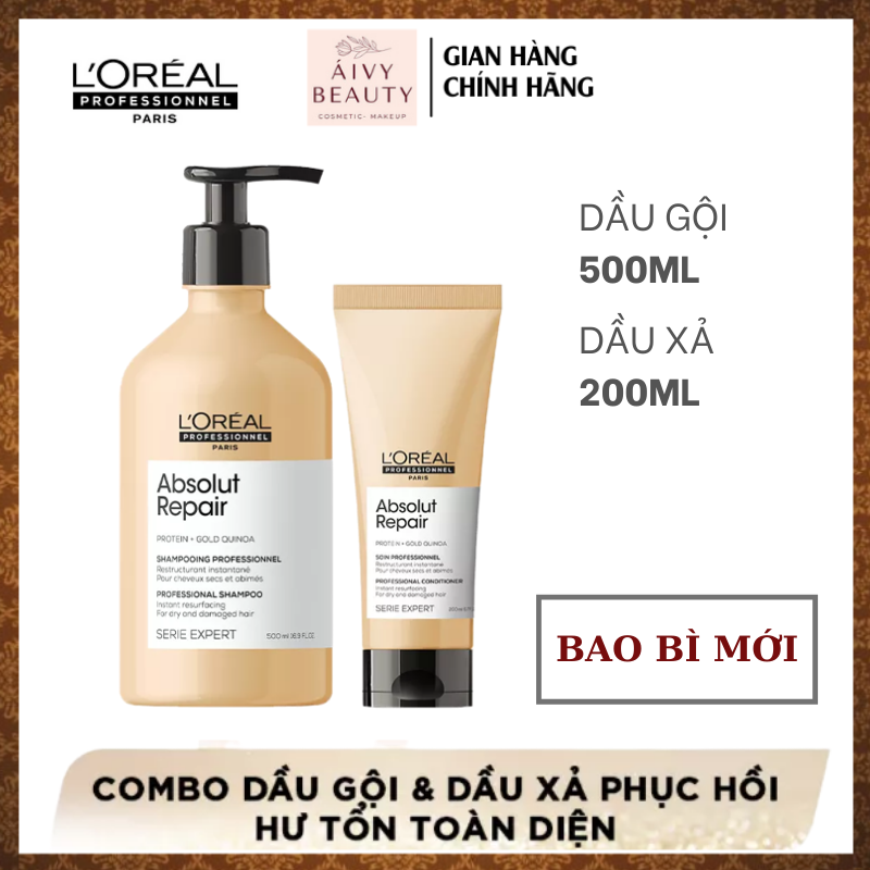 Bộ gội xả loreal professionnel absolut repair gold phục hồi tóc hư tổn 500ml + 200ml