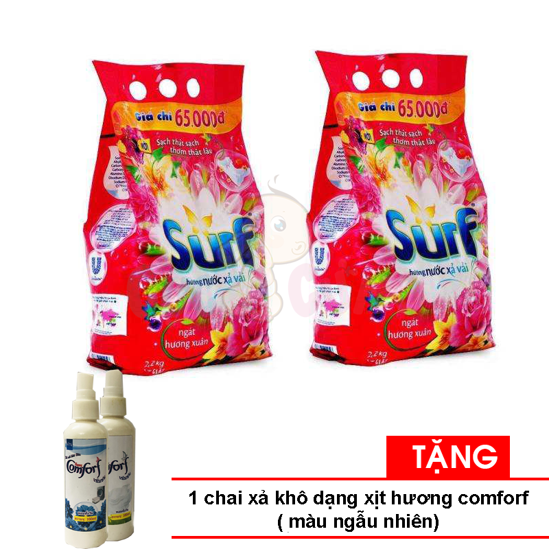 Set 2 bịch Xà bông giặt đồ Surf - Bột giặt surf 2kg Tặng 1 chai nước xả KHÔ hương comforf mùi ngẫu nhiên