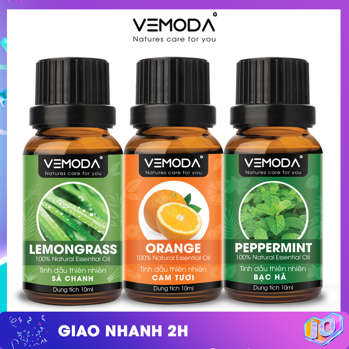 Tinh dầu xông phòng. Tinh dầu thơm phòng giúp thư giãn, giảm căng thẳng, khử mùi, thanh lọc không khí: tinh dầu Bạc hà (10ml) + tinh dầu Cam tươi (10ml) + tinh dầu Sả chanh (10ml)