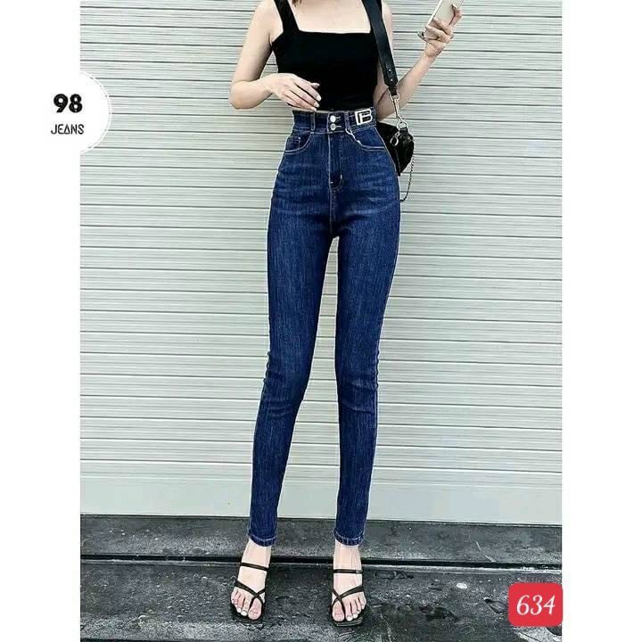Quần jean nữ lưng cao 2 nút màu xanh phối đai kiểu chất jean co giãn cao cấp thời trang JENNY - TCSQJNJN635