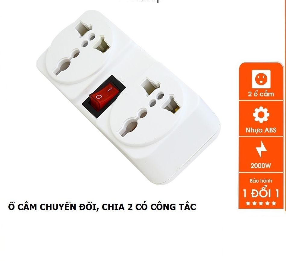 Phích Cắm Chia 2 Ổ Cắm Kèm Công Tắc, Chuyển Từ 1 Ổ Sang 2 Ổ 3 Chấu, Công Suất 2000W, ABS chống cháy - Phụ Kiện Home 8606