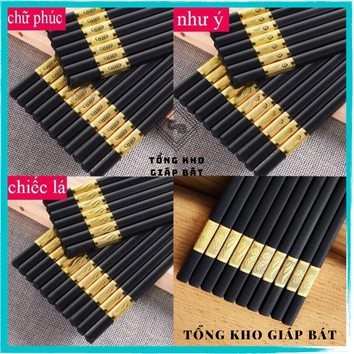 Bộ 10 Đôi Đũa ăn cơm cao cấp hợp kim khảm bọc vàng phong cách nhật bản đũa mạ vàng dài 25cm Hình Ngẫu Nhiên