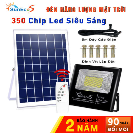 Đèn năng lượng mặt trời 100W SUNECO [ CÓ BÁO PIN ] , đèn pha led năng lượng mặt trời Kèm tấm pin rời có remote điều khiển từ xa tiện lợi và thông minh, cảm biến tự động, dây nối 5m, thời gian sáng 10 - 14h, bảo hành 24 tháng