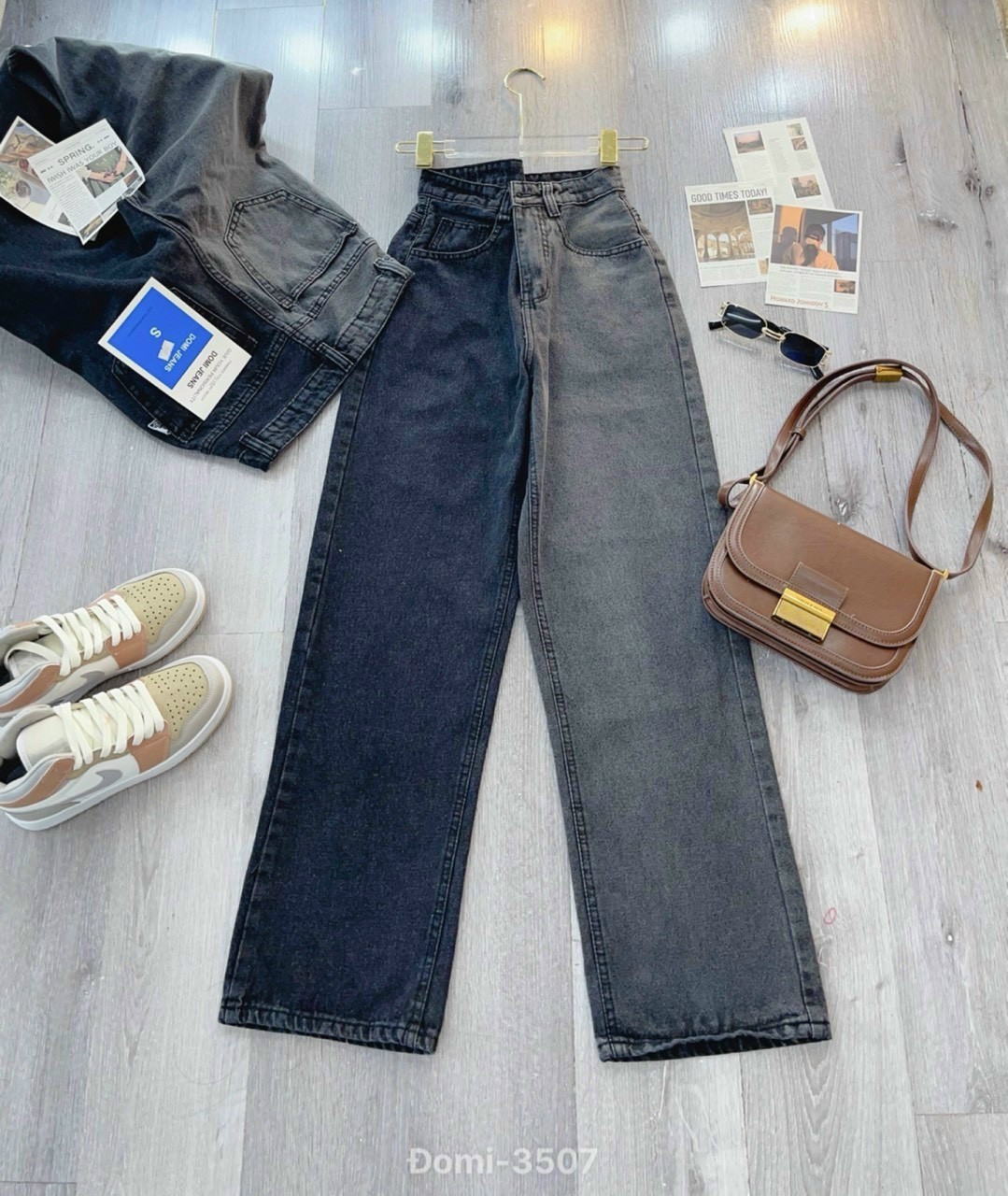 QUẦN JEANS Nữ - Quần Baggy Phối Màu 2 Màu_ Kiểu Trơn, Rách gối - Quần Bò Nữ Ống Rộng Phong Cách Hàn Quốc - Chất Vải Dày Dặn_XT