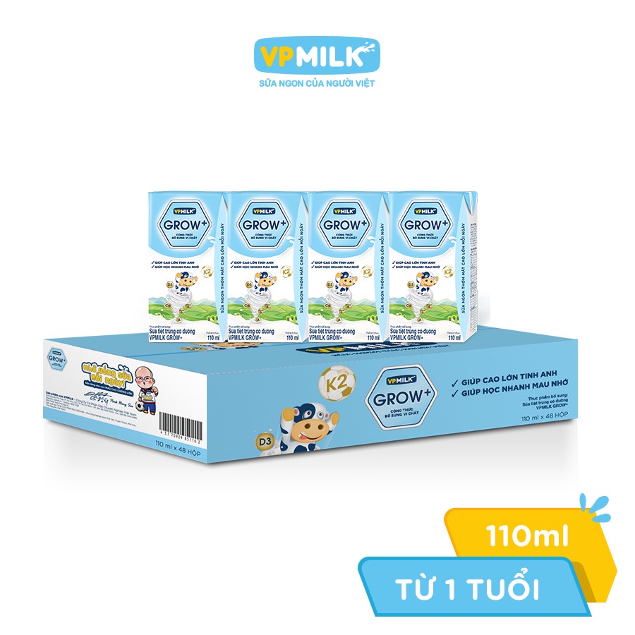 Sữa tươi tiệt trùng vpmilk grow + 110ml - thùng 48 hộp hsd 7-2022