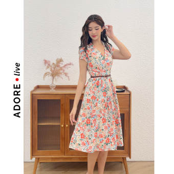 Midi dresses lụa hoa nhỡ cam cổ peter pan nối tầng 321DR2046 ADOREDRESS