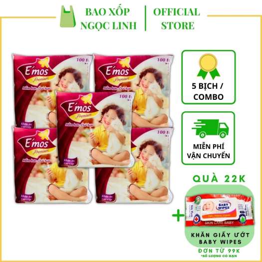 Combo 5 bịch khăn giấy vuông Emos tím đa năng lớn 330*330mm, Bao Xốp Ngọc Linh A40, giấy ăn e’mos premium loại 1, 1 bịch 80 tờ, loại dày tốt, phù hợp với trẻ em, dùng cho gia đình, lau tay, khăn lụa mềm mại
