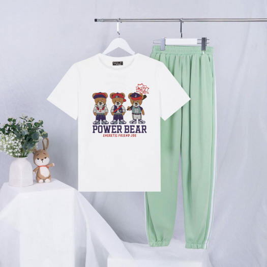 Sét Bộ Đồ Quần Áo Hè Ulzzang Nữ In 3D Cầu Thủ Power Bear Mặc Đi Chơi Cá Tính, Áo Màu Trắng Cotton Organic Kèm Quần Bo Thun Gấu Phong Cách