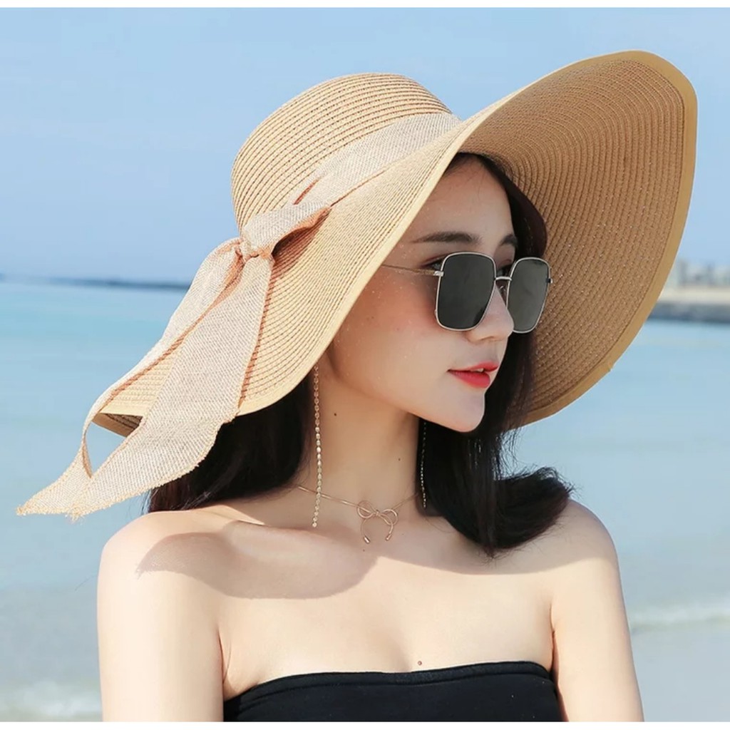 Nón cói, Mũ cói đi biển cho nữ, chất liệu mũ cói mềm phối nơ đẹp -Q12-vành to nơ dài