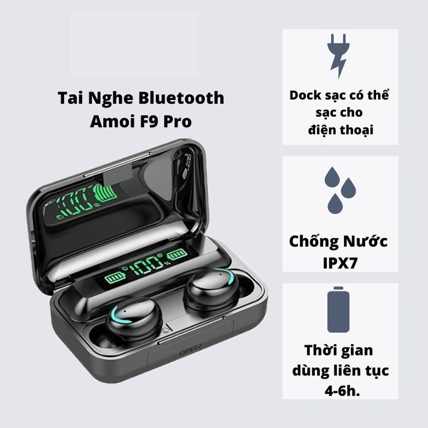 Tai Nghe Bluetooth Không Dây Amoi F9 Pro - Tai Nghe Bluetooth 5.1 Bản Quốc Tế Nâng Cấp Kén Sạc 3500 Mah, Dock Sạc Hiển Thị Dung Lượng Pin Chống Nước Ipx7 Có Mic Đàm Thoại Âm Thanh To Rõ Ràng Bass Cực Trầm Và Ấm Bảo Hành 12 Tháng