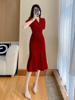 Đầm Ôm Body Đuôi Cá Cổ Vest Cao Cấp - GK House 71 - Đầm Đuôi Cá Cổ Vest Sang Trọng Thời Thượng, Đầm Body Dự Tiệc Xinh