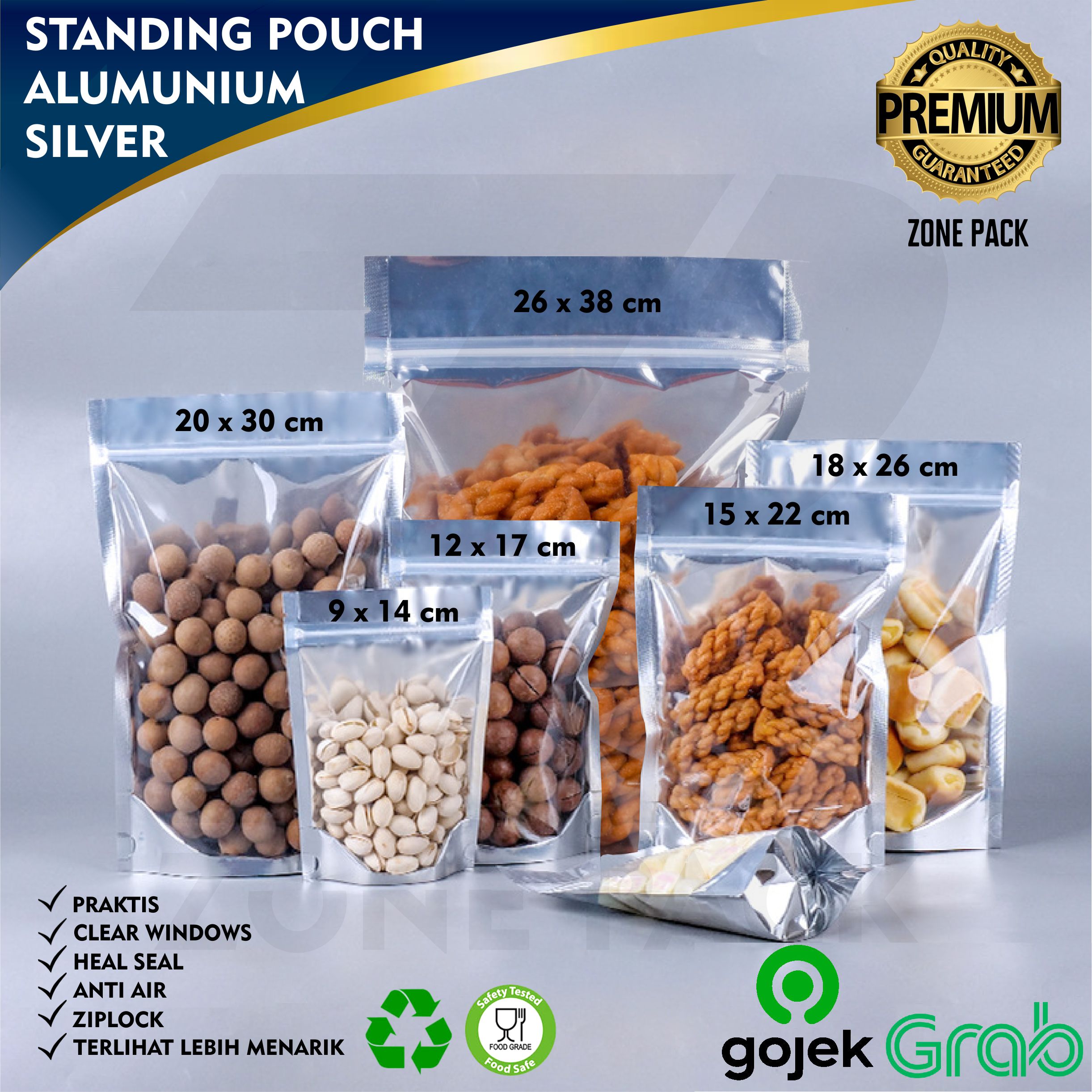 Keripik Standing Pouch Snack 18x26cm] 50 Pcs Standing Pouch Silver